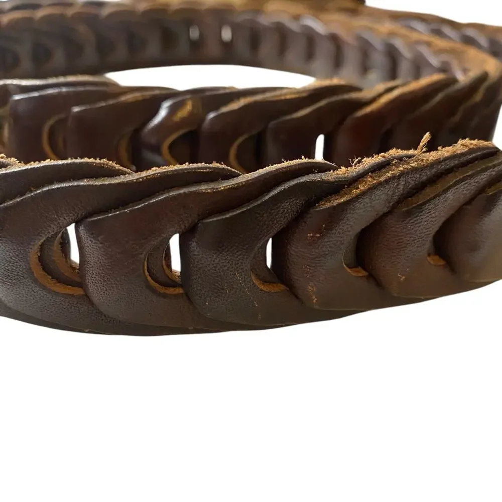 Men's Vintage Dark Brown Woven Leather Belt with silver buckle Size 42